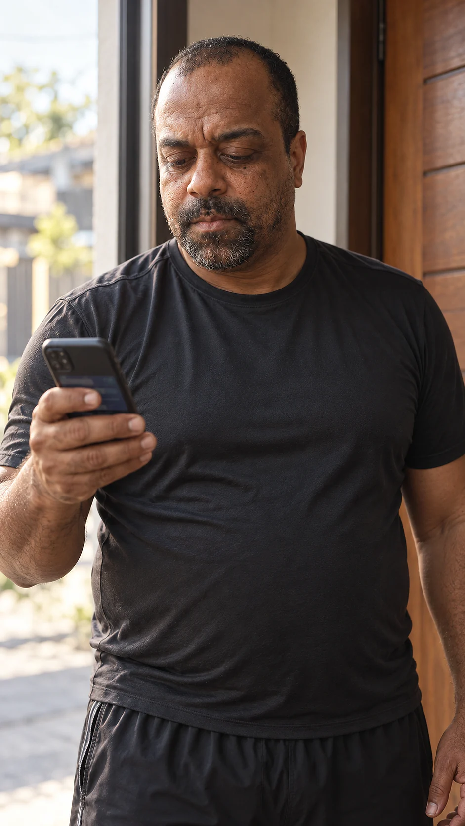 Homem conferindo o treino do dia no celular antes de sair para correr